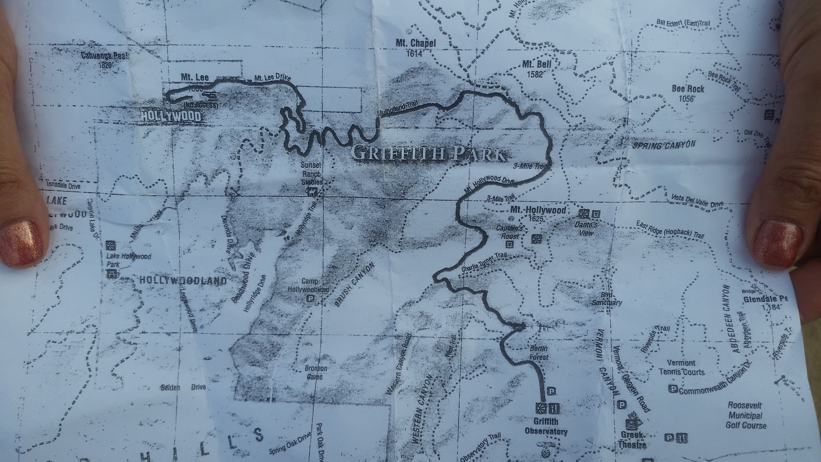 map of hollywood hills hike to sign