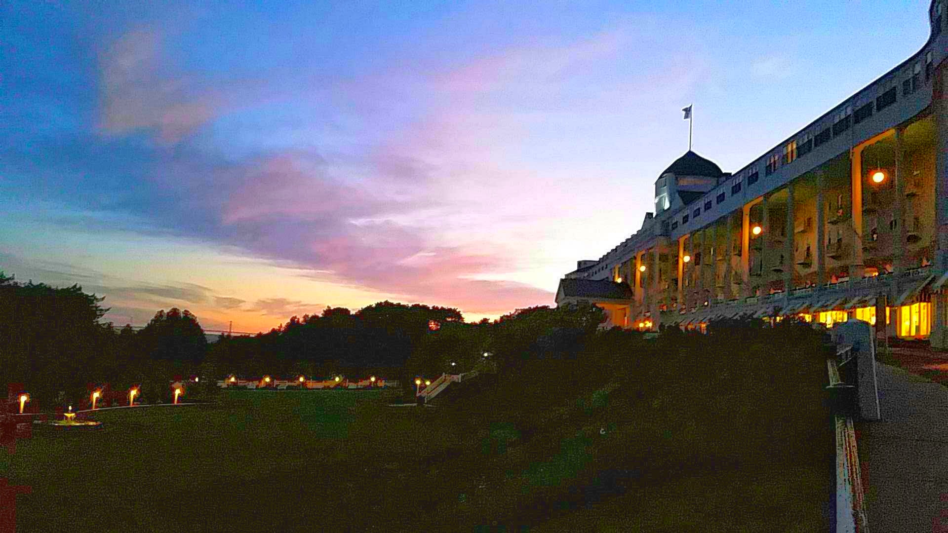 sunset over grand hotel on mackinac island