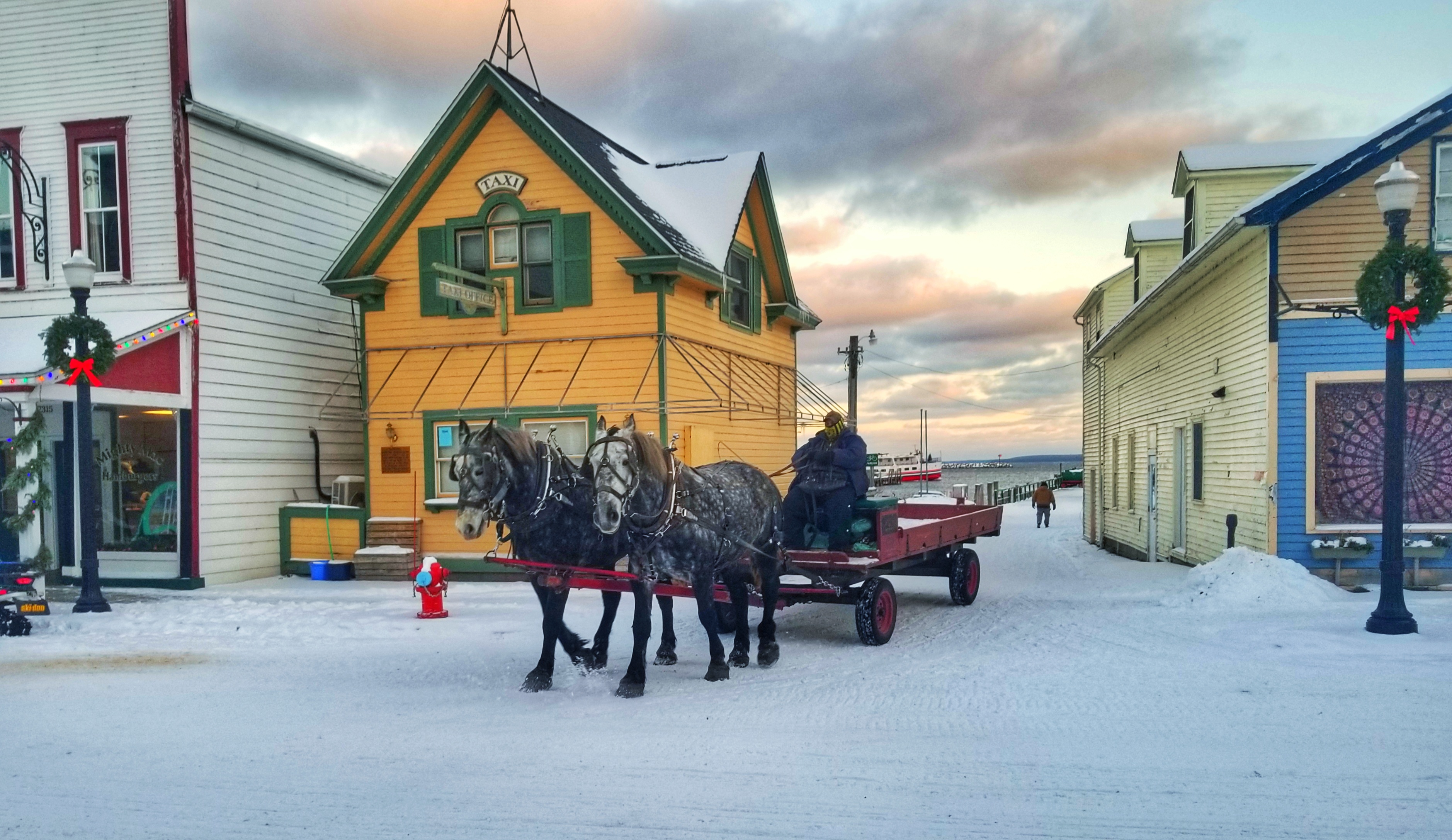 horse carriage in snow on mackinac island 