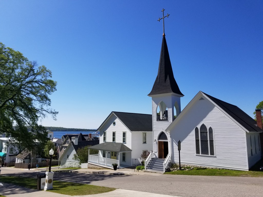 Trinity Episcopal Church is about halfway up Fort Hill mackinac island