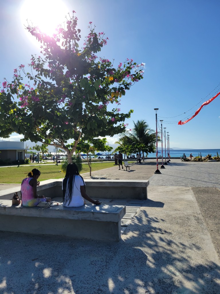 shady bench Harmony Beach Park in Montego Bay, Jamaica 