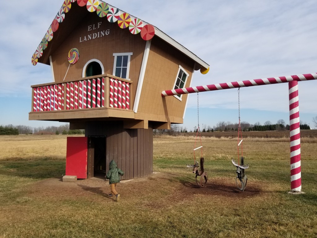 Rooftop Reindeer Farm kids playground, gingerbread house clare michigan