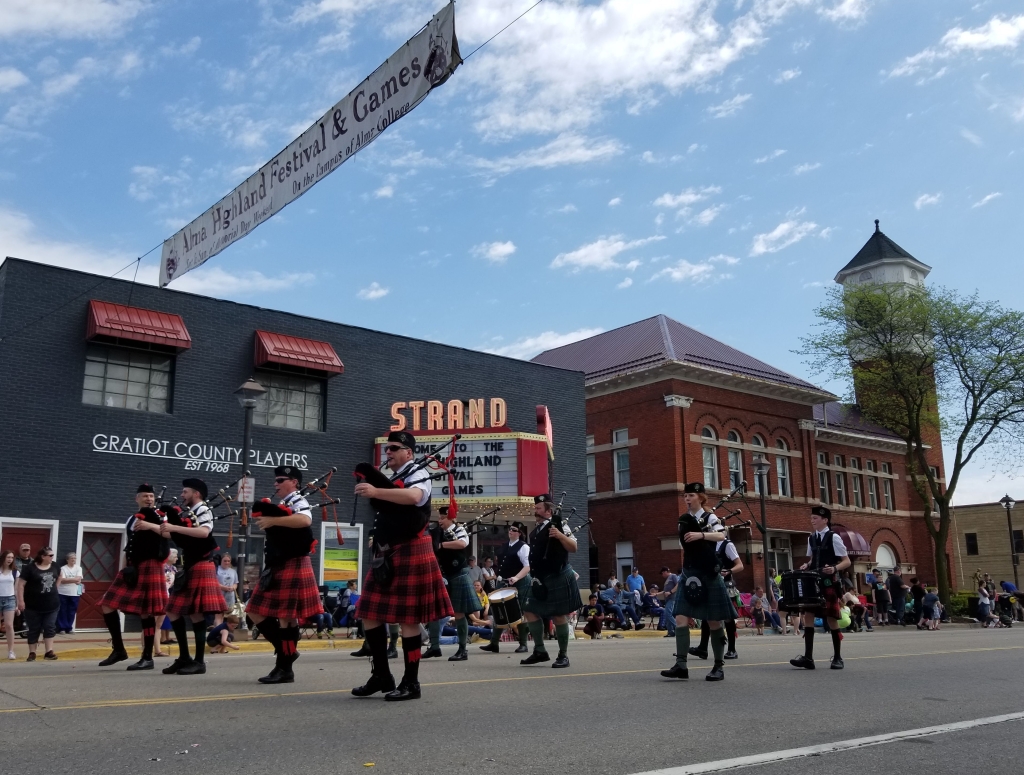 bagpipes in parade at alma highland festival
