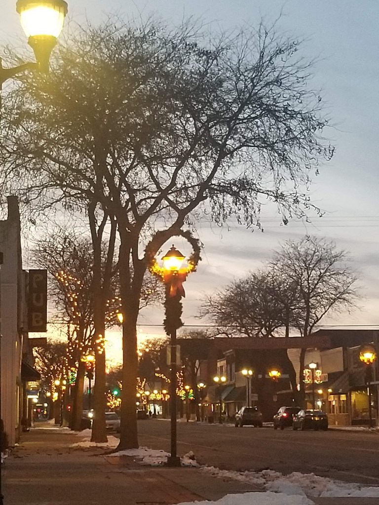 Christmas Decor Downtown at dusk in Alma, Michigan